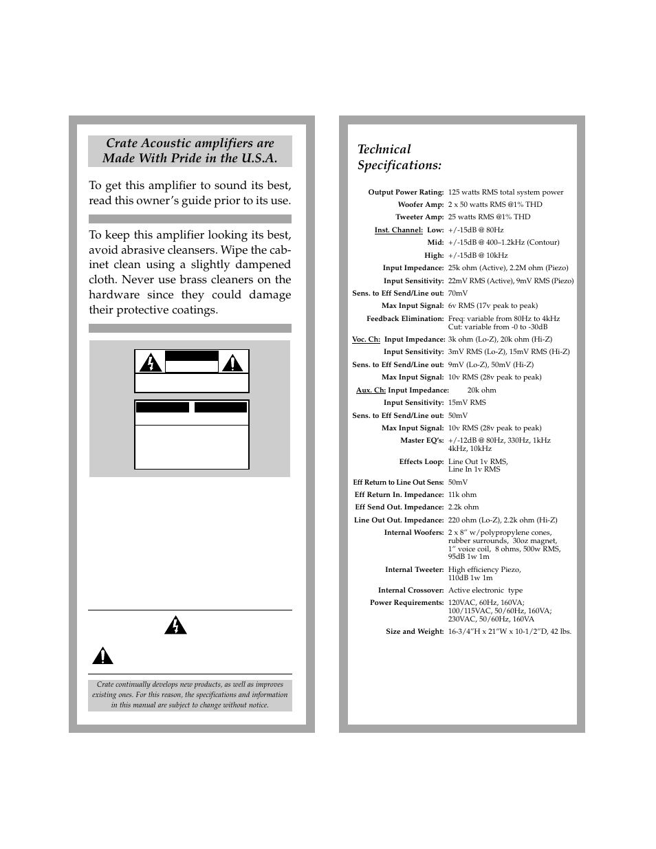 Technical specifications | Crate Amplifiers CA125 User Manual | Page 3 / 6