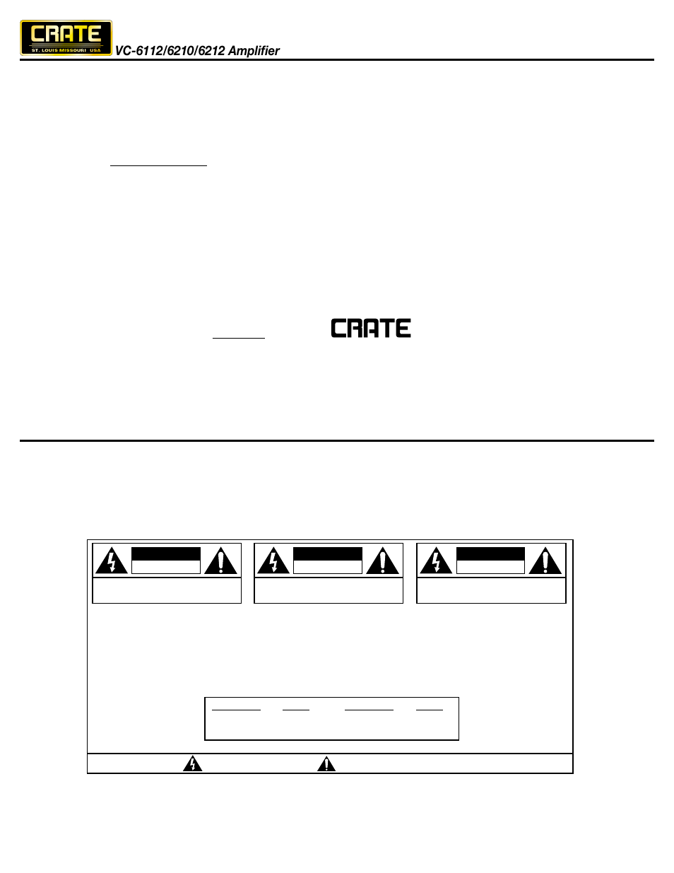 Caution, Attention, Vorsicht | Crate Amplifiers 6210 User Manual | Page 2 / 8