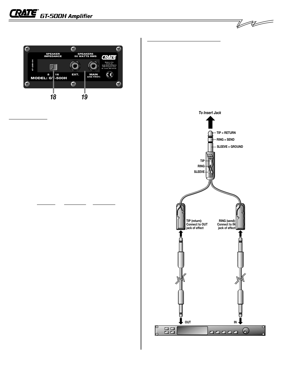 Gt-500h, Amplifier, The rear panel | Connecting to the insert jack | Crate Amplifiers GT-500H User Manual | Page 5 / 8