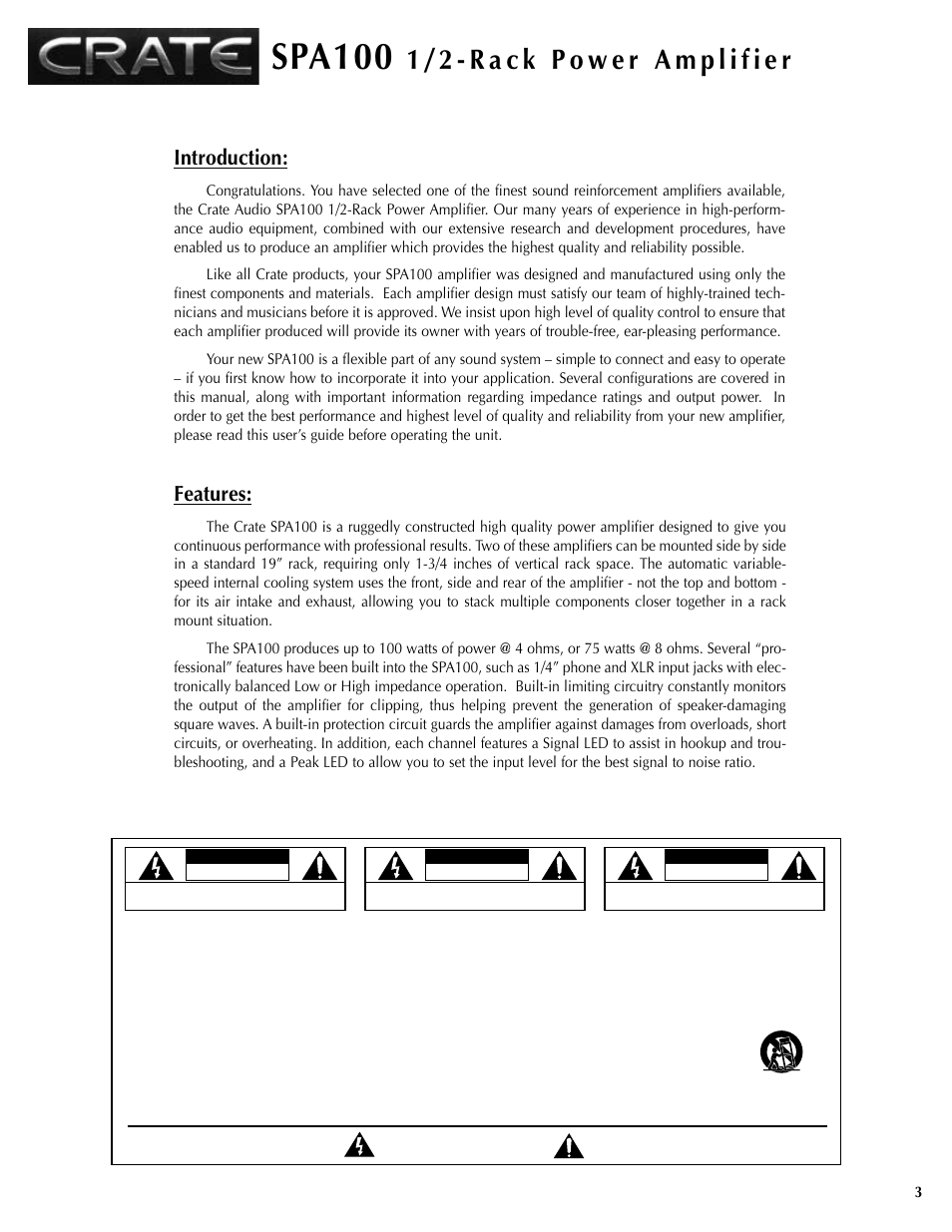 Spa100, Introduction, Features | Crate Amplifiers SPA100 User Manual | Page 3 / 12
