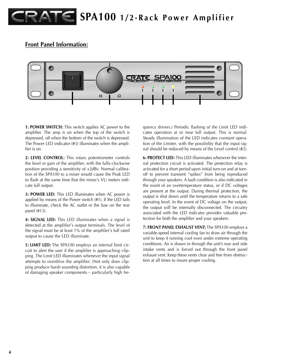 Spa100, Front panel information | Crate Amplifiers SPA100 User Manual | Page 4 / 12