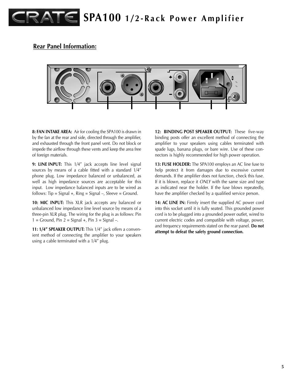 Spa100, Rear panel information | Crate Amplifiers SPA100 User Manual | Page 5 / 12