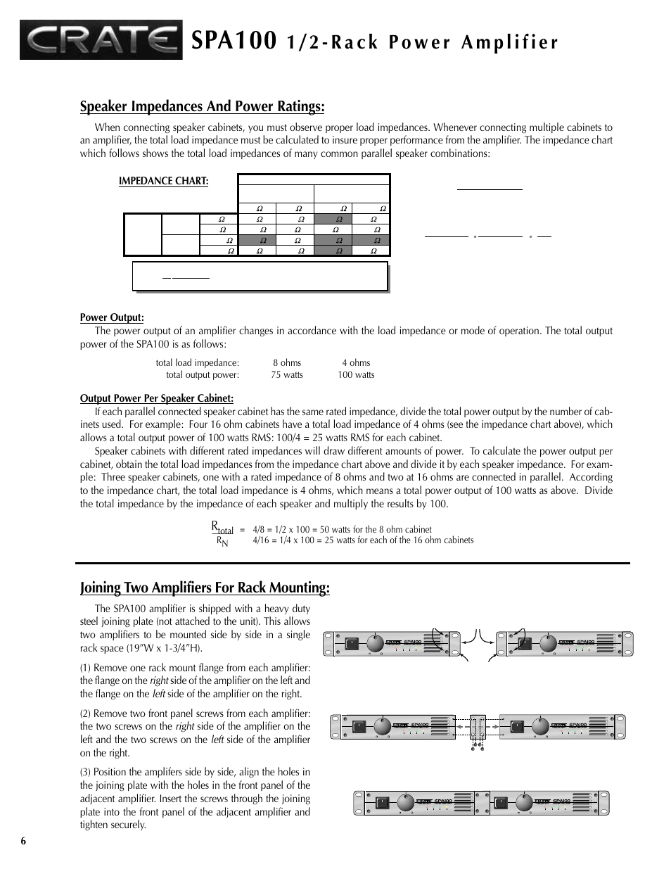 Spa100, Speaker impedances and power ratings, Joining two amplifiers for rack mounting | Impedance chart | Crate Amplifiers SPA100 User Manual | Page 6 / 12