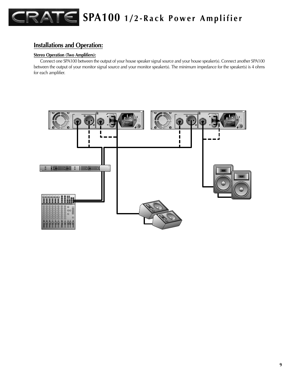 Spa100, Installations and operation | Crate Amplifiers SPA100 User Manual | Page 9 / 12