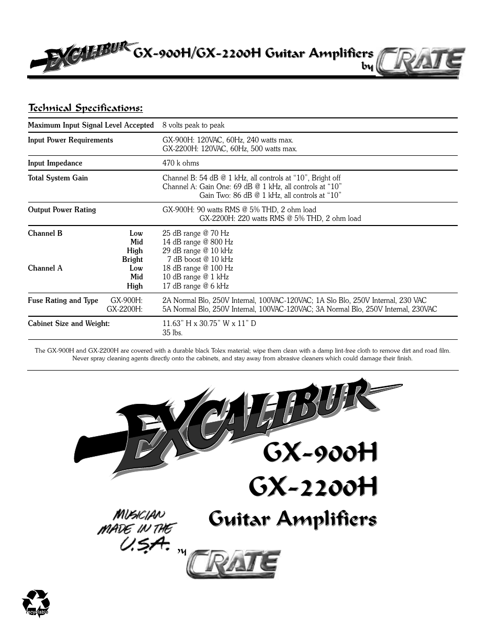 Guitar amplifiers | Crate Amplifiers EXCALIBUR GX-900H User Manual | Page 8 / 8