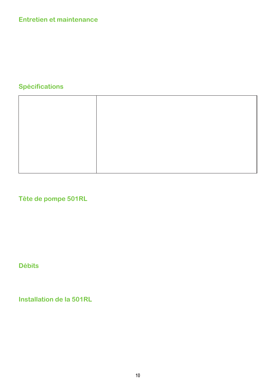 Entretien et maintenance, Spécifications, Tête de pompe 501rl | Débits, Installation de la 501rl | Watson-Marlow 504Du User Manual | Page 10 / 30