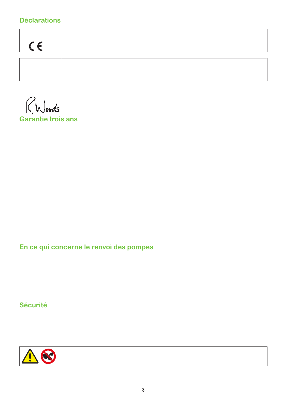 Déclarations, Garantie trois ans, En ce qui concerne le renvoi des pompes | Sécurité | Watson-Marlow 504Du User Manual | Page 3 / 30