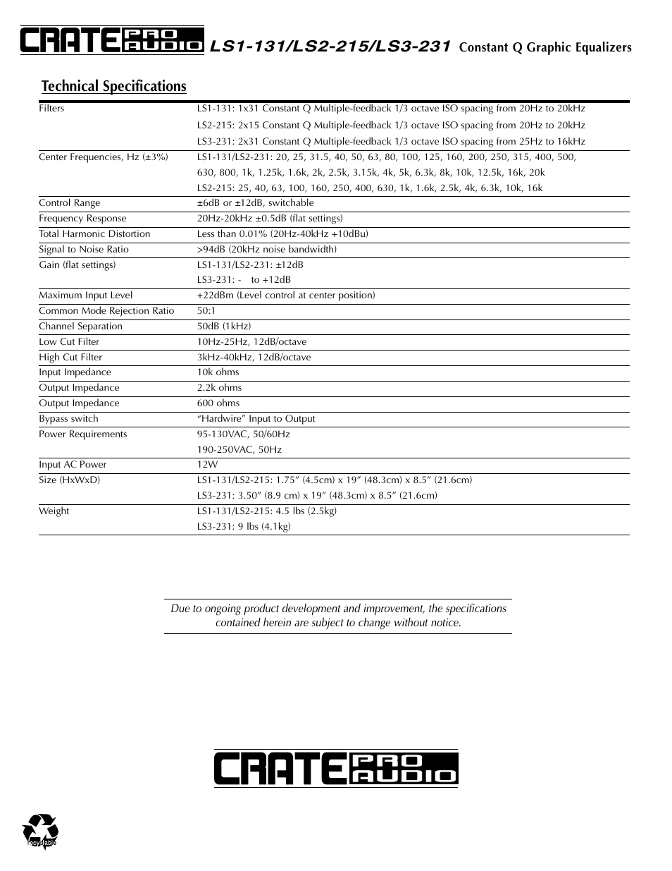 Technical specifications, Constant q graphic equalizers | Crate Amplifiers LS1-131 User Manual | Page 12 / 12