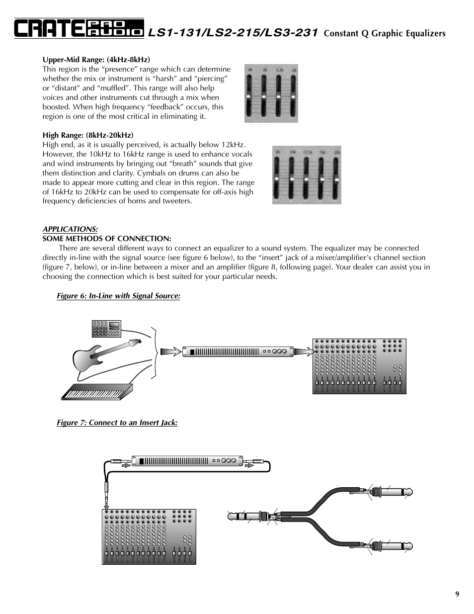 Constant q graphic equalizers, Figure 6: in-line with signal source, Figure 7: connect to an insert jack | Crate Amplifiers LS1-131 User Manual | Page 9 / 12