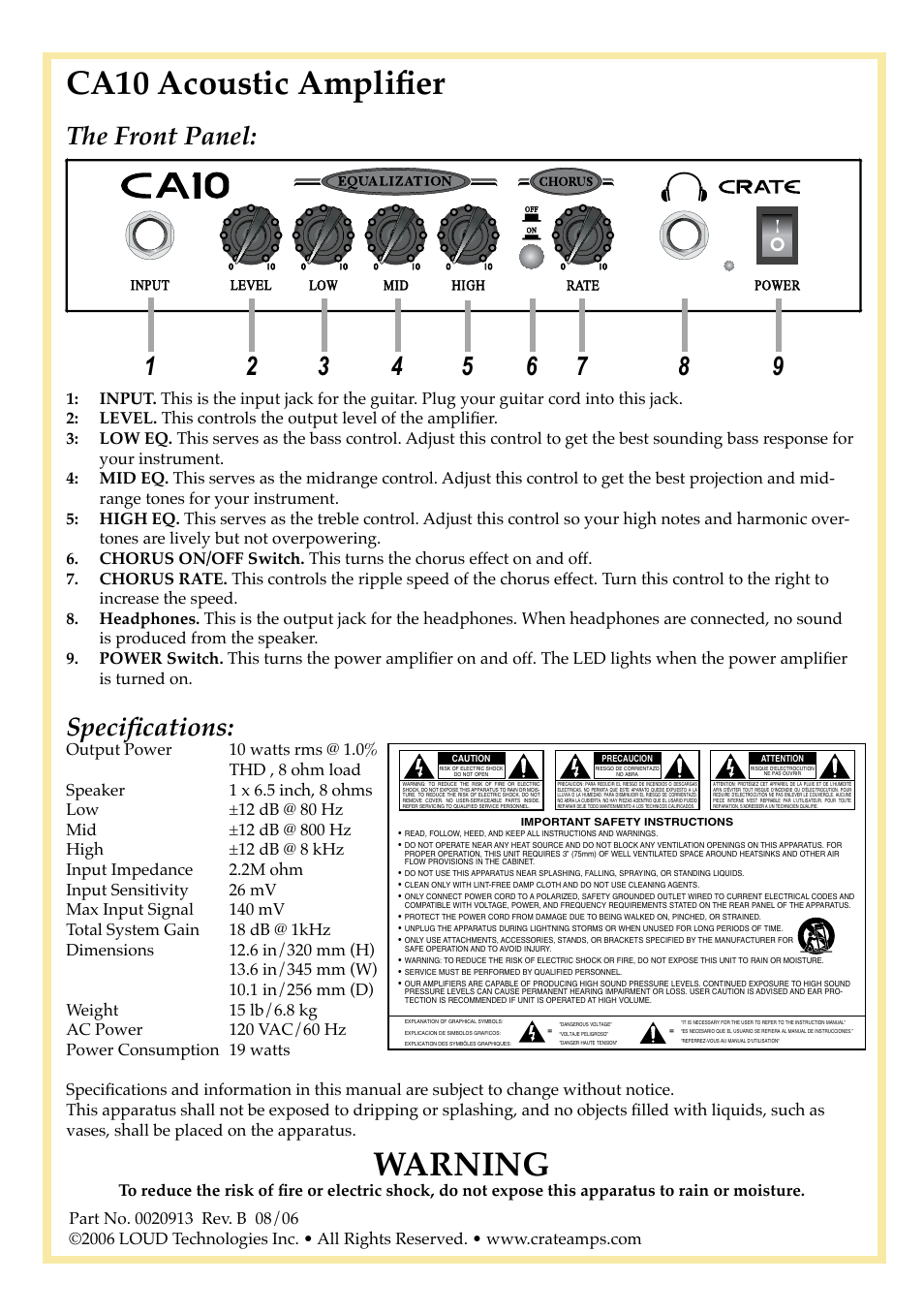Ca10 acoustic amplifier, Warning, The front panel | Specifications | Crate Amplifiers CA10 User Manual | Page 2 / 2