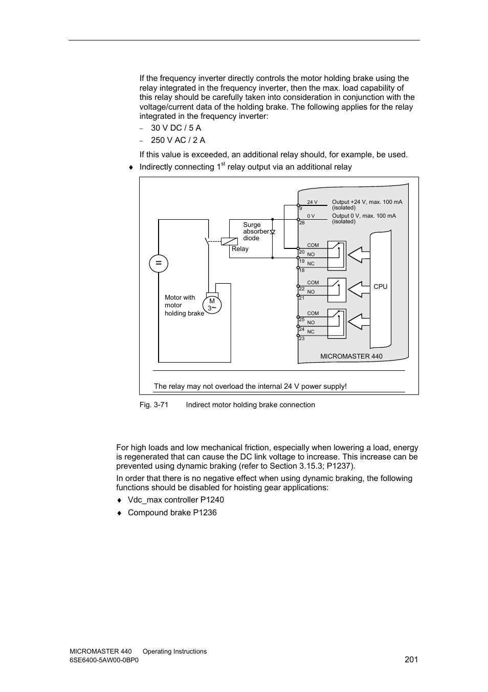 Hoisting gear applications, 30 v dc / 5 a, Relay output via an additional relay | Watson-Marlow MM440 User Manual | Page 201 / 312