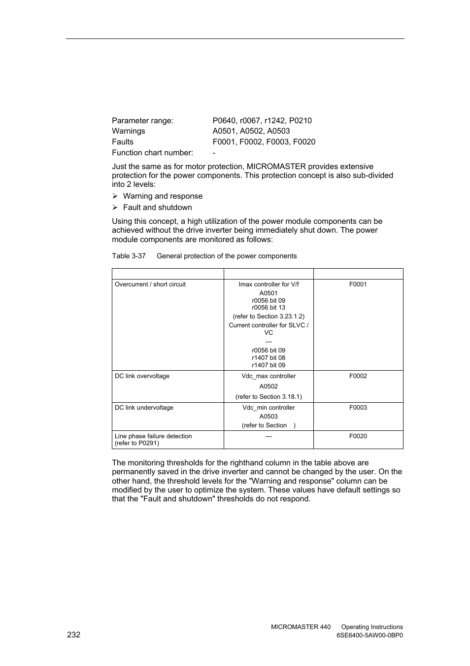 22 power module protection, 1 general overload monitoring | Watson-Marlow MM440 User Manual | Page 232 / 312
