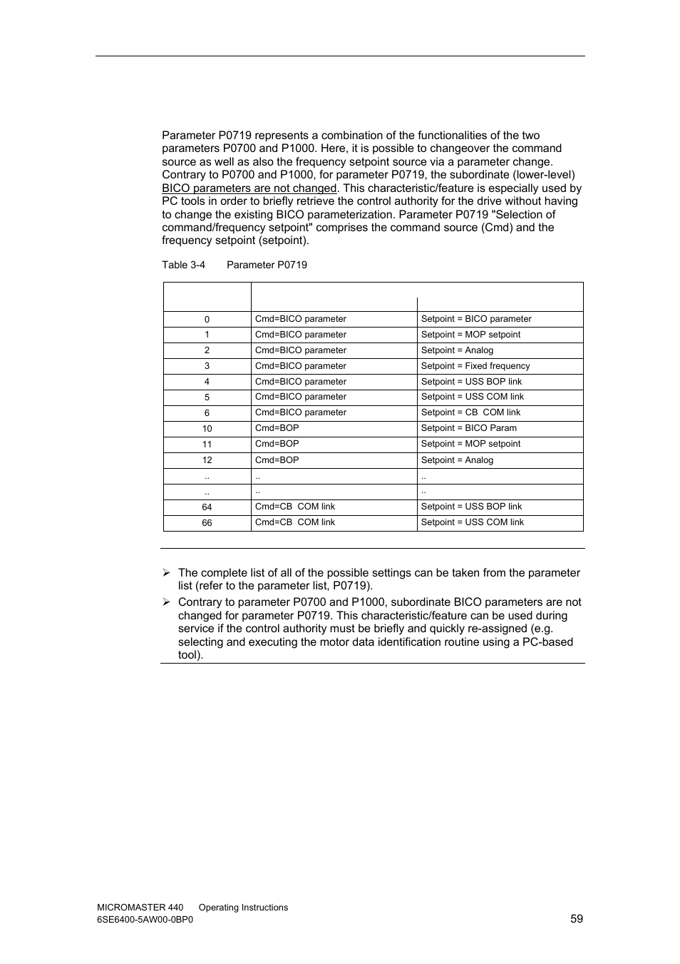 2 selection of command/frequency setpoint p0719 | Watson-Marlow MM440 User Manual | Page 59 / 312