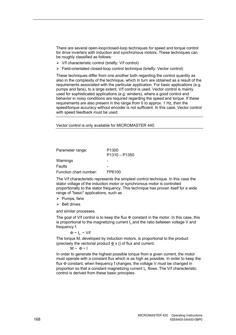 21 open-loop/closed-loop control technique, 1 v/f control | Watson-Marlow MM420 User Manual | Page 168 / 218
