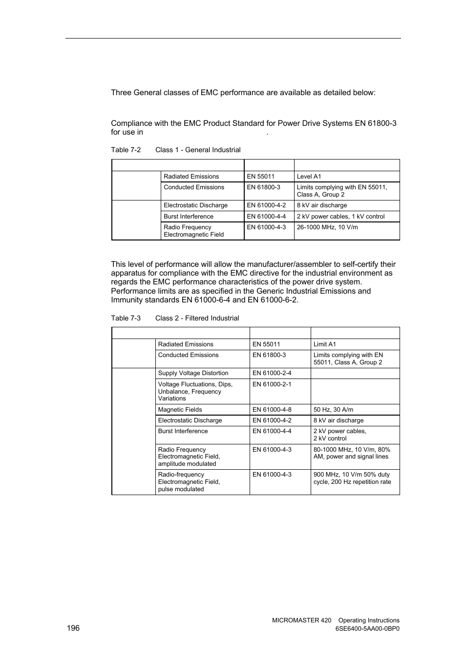 5 classification of emc performance, Class 1: general industrial, Class 2: filtered industrial | Watson-Marlow MM420 User Manual | Page 196 / 218
