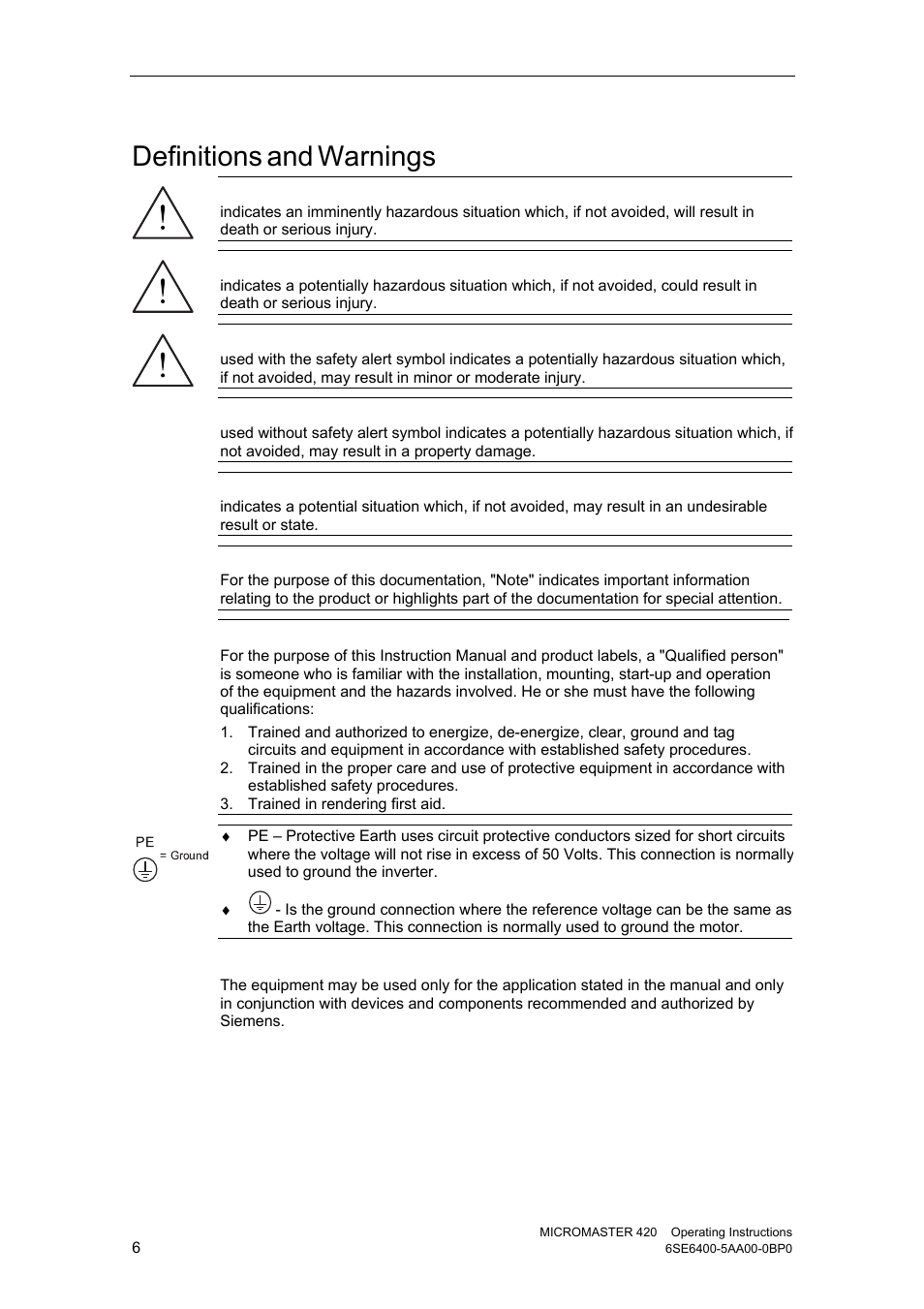 Definitions and warnings, Definitions, Warnings | Watson-Marlow MM420 User Manual | Page 6 / 218