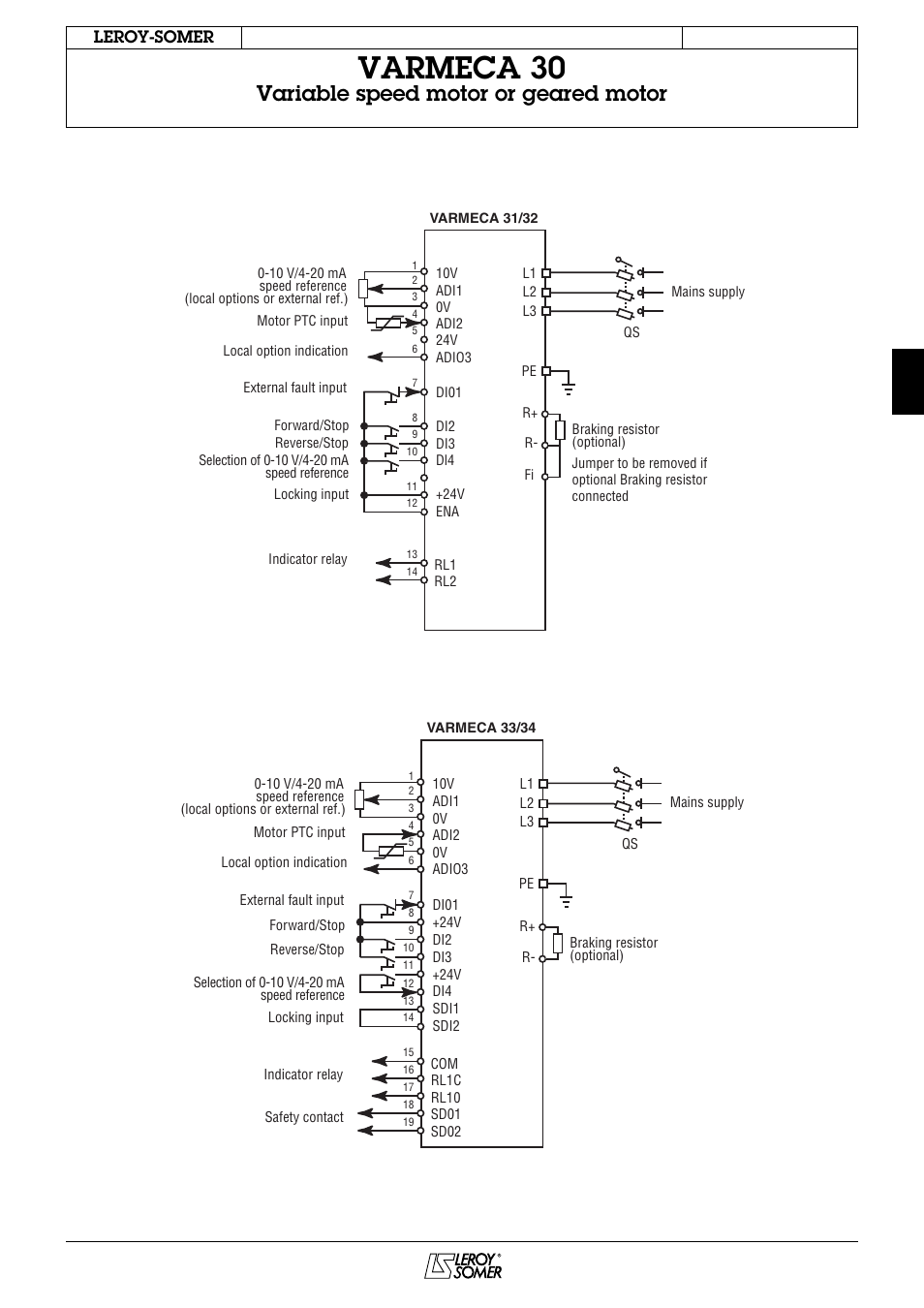 Varmeca 30, Variable speed motor or geared motor, 5 - wiring diagrams | Leroy-somer, 1 - standard configuration connection diagram | Watson-Marlow Varmeca 30 User Manual | Page 19 / 34