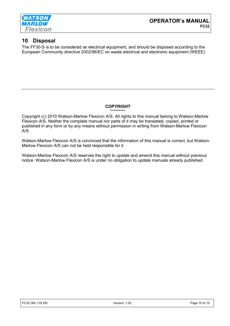 Operator’s manual, 10 disposal | Watson-Marlow FC32 User Manual | Page 10 / 10