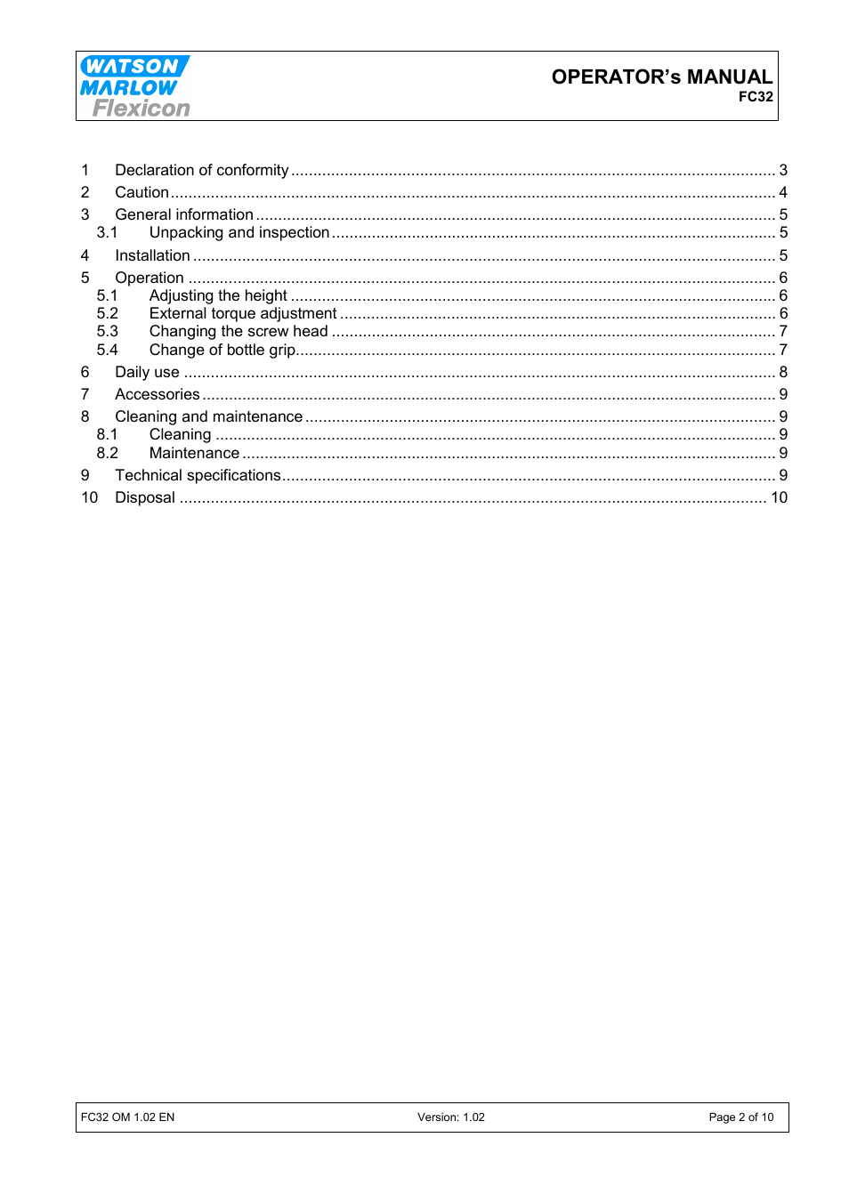 Operator’s manual | Watson-Marlow FC32 User Manual | Page 2 / 10