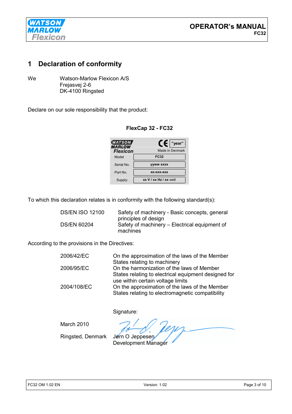 Operator’s manual, 1 declaration of conformity | Watson-Marlow FC32 User Manual | Page 3 / 10