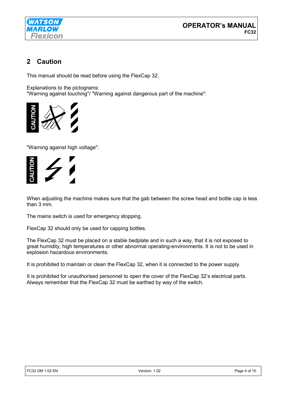 Operator’s manual, 2 caution | Watson-Marlow FC32 User Manual | Page 4 / 10