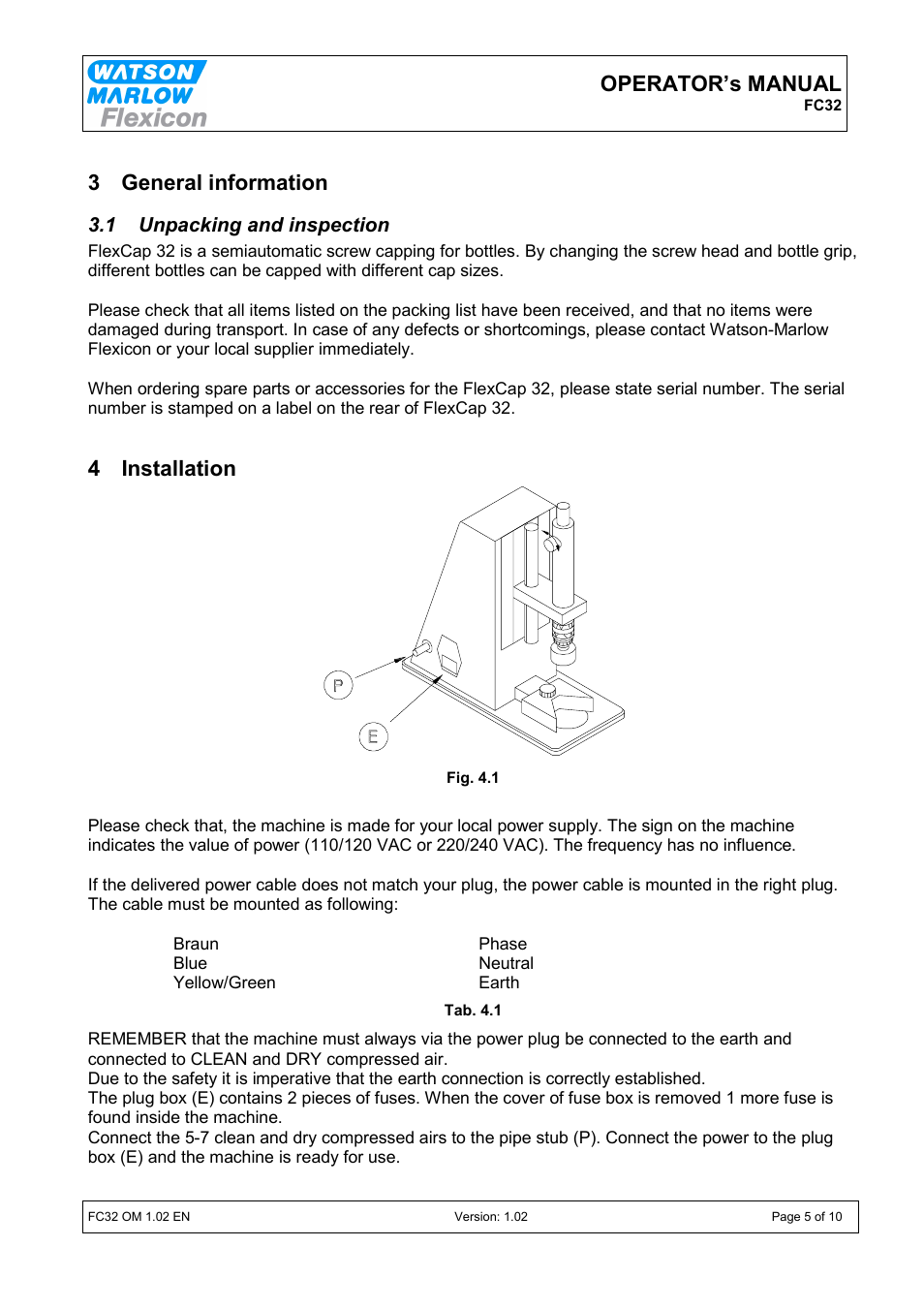 Operator’s manual, 3 general information, 4 installation | Watson-Marlow FC32 User Manual | Page 5 / 10