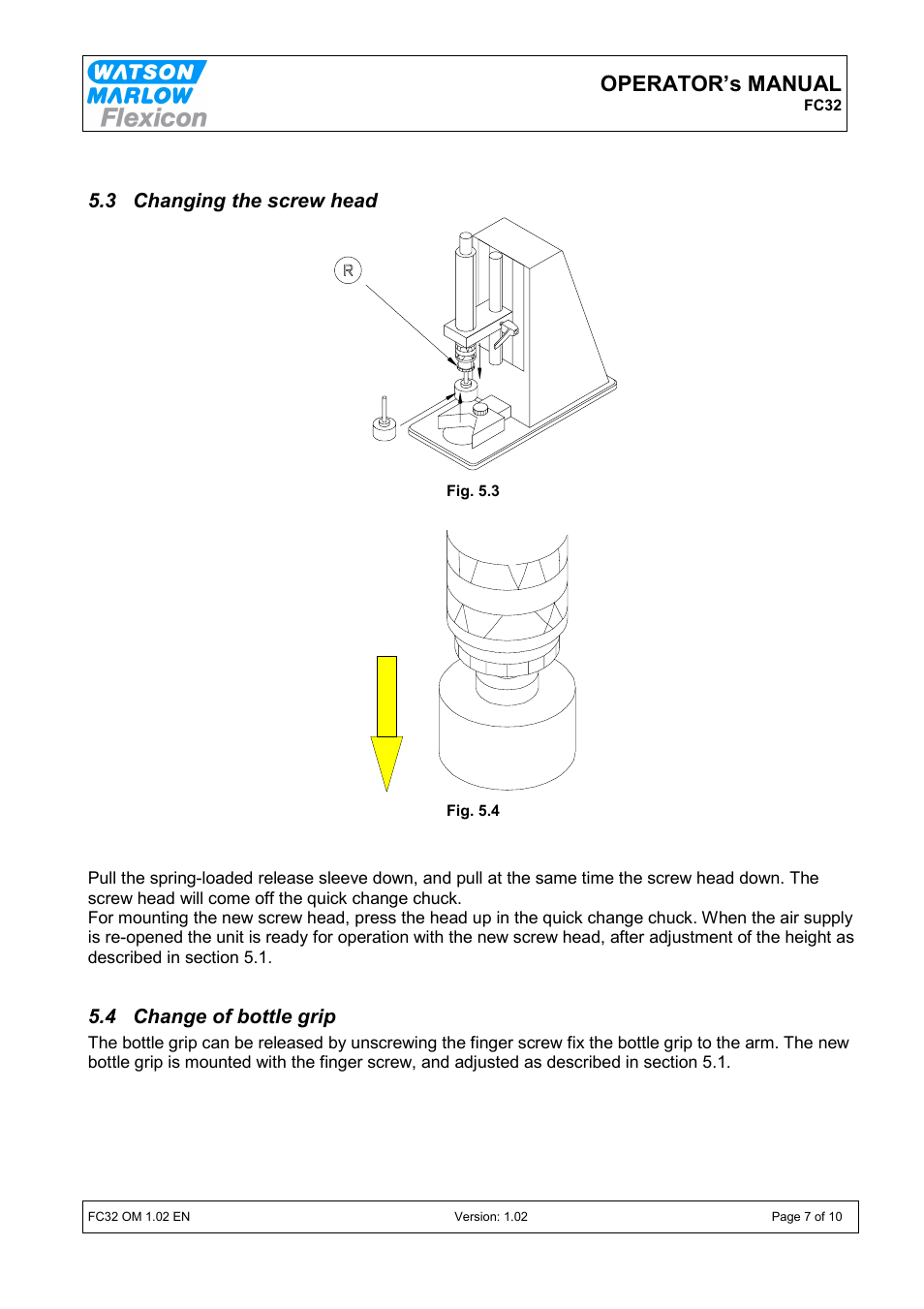 Operator’s manual, 3 changing the screw head, 4 change of bottle grip | Watson-Marlow FC32 User Manual | Page 7 / 10