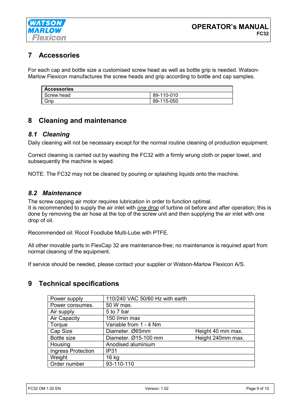 Operator’s manual, 7 accessories, 8 cleaning and maintenance | 9 technical specifications | Watson-Marlow FC32 User Manual | Page 9 / 10