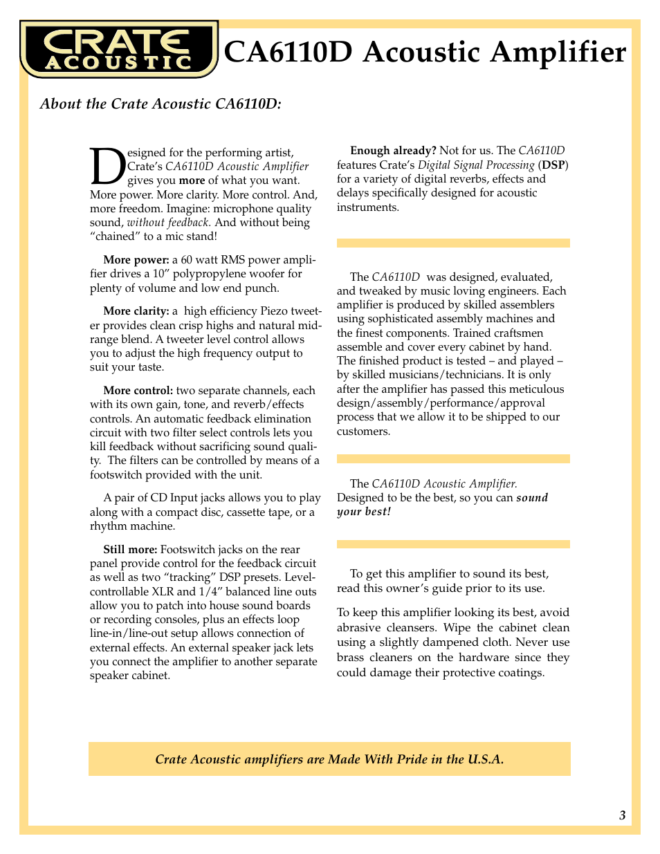 Ca6110d acoustic amplifier | Crate Amplifiers CA6110D User Manual | Page 3 / 8
