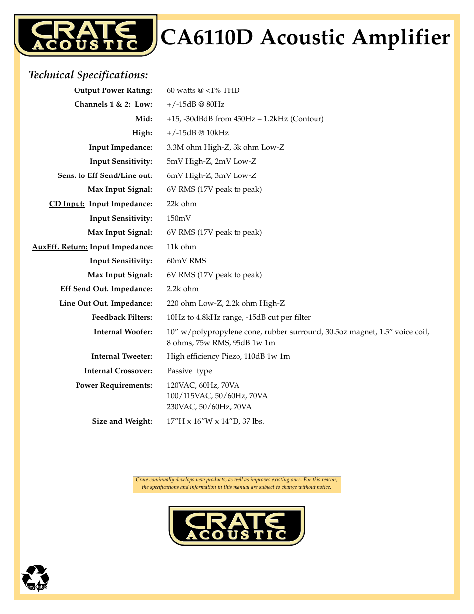 Ca6110d acoustic amplifier, Technical specifications | Crate Amplifiers CA6110D User Manual | Page 8 / 8