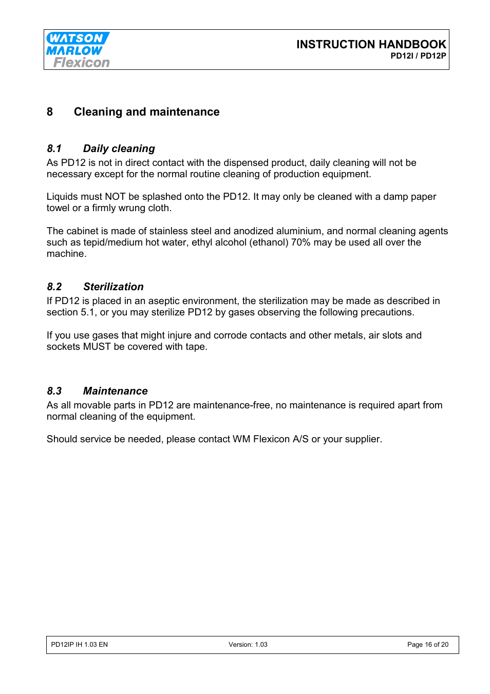 Instruction handbook, 8cleaning and maintenance | Watson-Marlow PD12I User Manual | Page 16 / 20