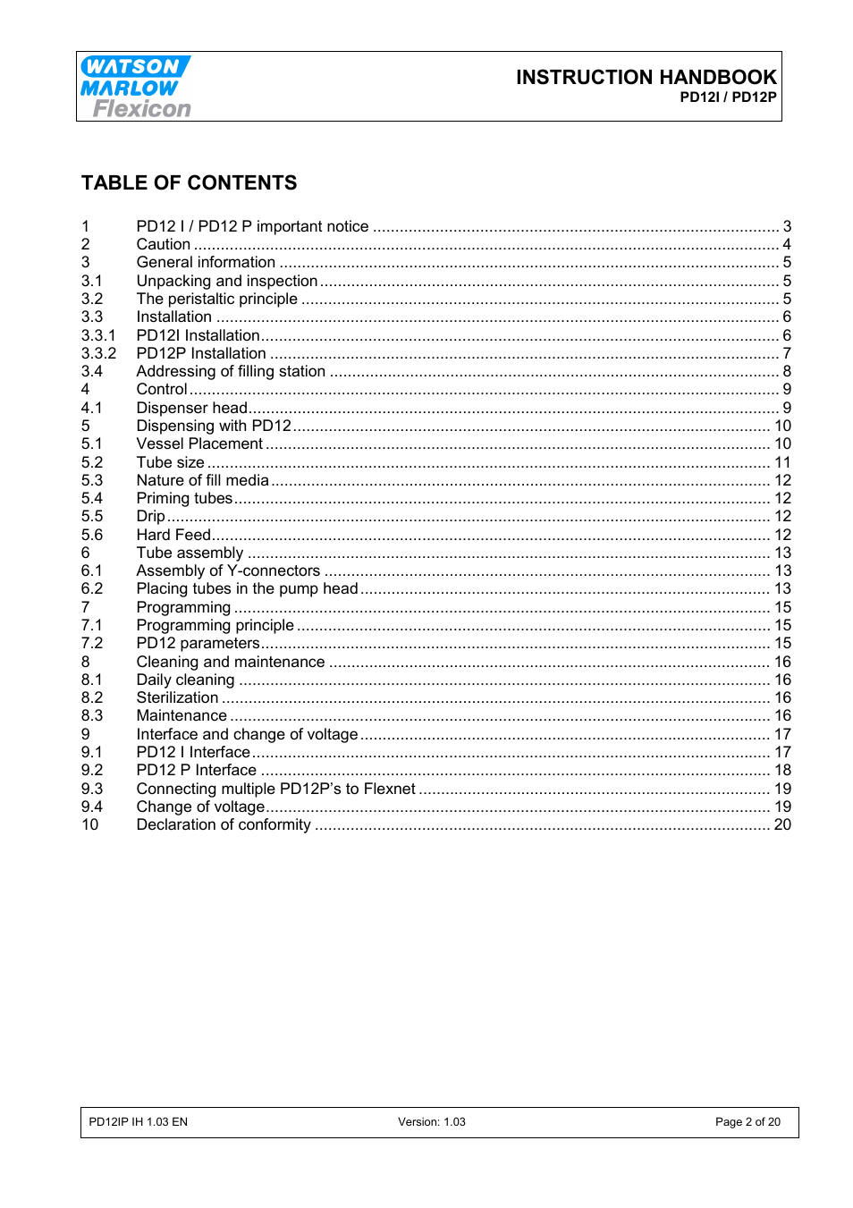 Watson-Marlow PD12I User Manual | Page 2 / 20