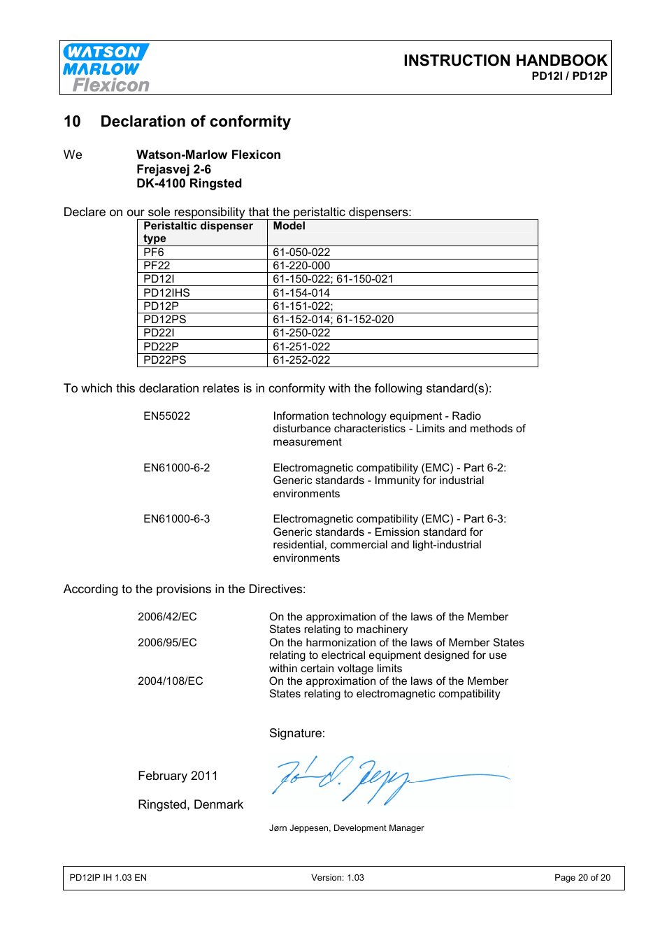 Instruction handbook, 10 declaration of conformity | Watson-Marlow PD12I User Manual | Page 20 / 20