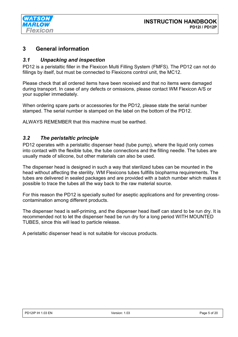 Instruction handbook, 3 general information | Watson-Marlow PD12I User Manual | Page 5 / 20