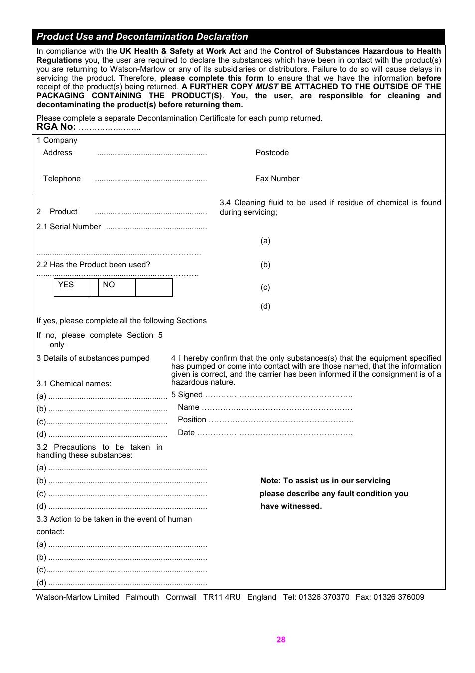Product use and decontamination declaration, Rga no | Watson-Marlow 5O5XY Robot User Manual | Page 28 / 29