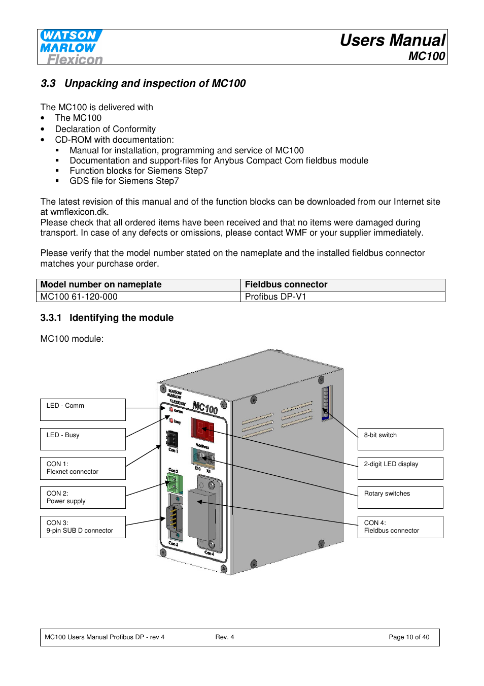 Users manual, Mc100, 3 unpacking and inspection of mc100 | Watson-Marlow MC100 User Manual | Page 10 / 40