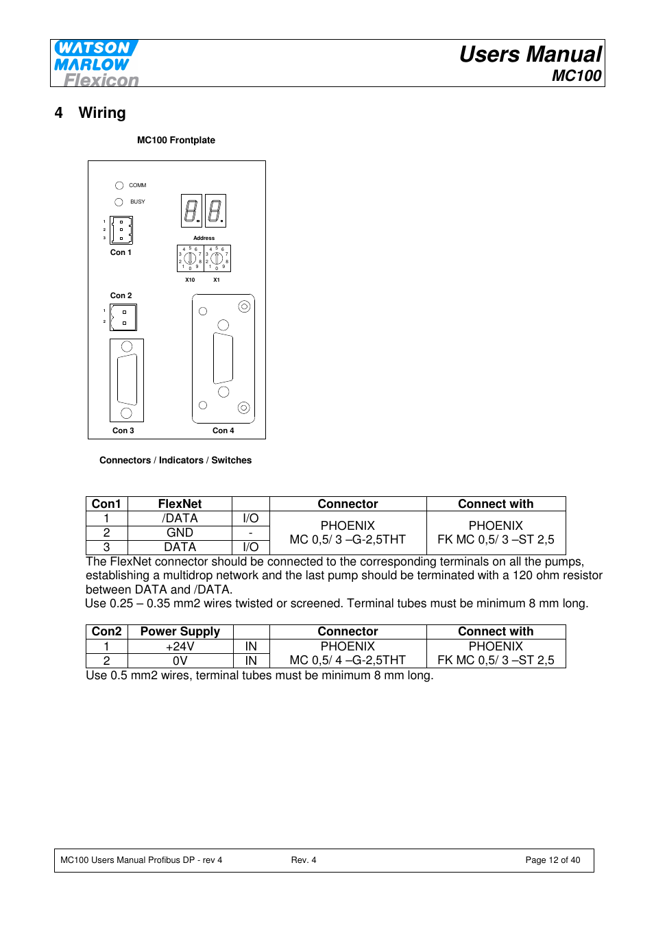 Users manual, Mc100, 4 wiring | Watson-Marlow MC100 User Manual | Page 12 / 40