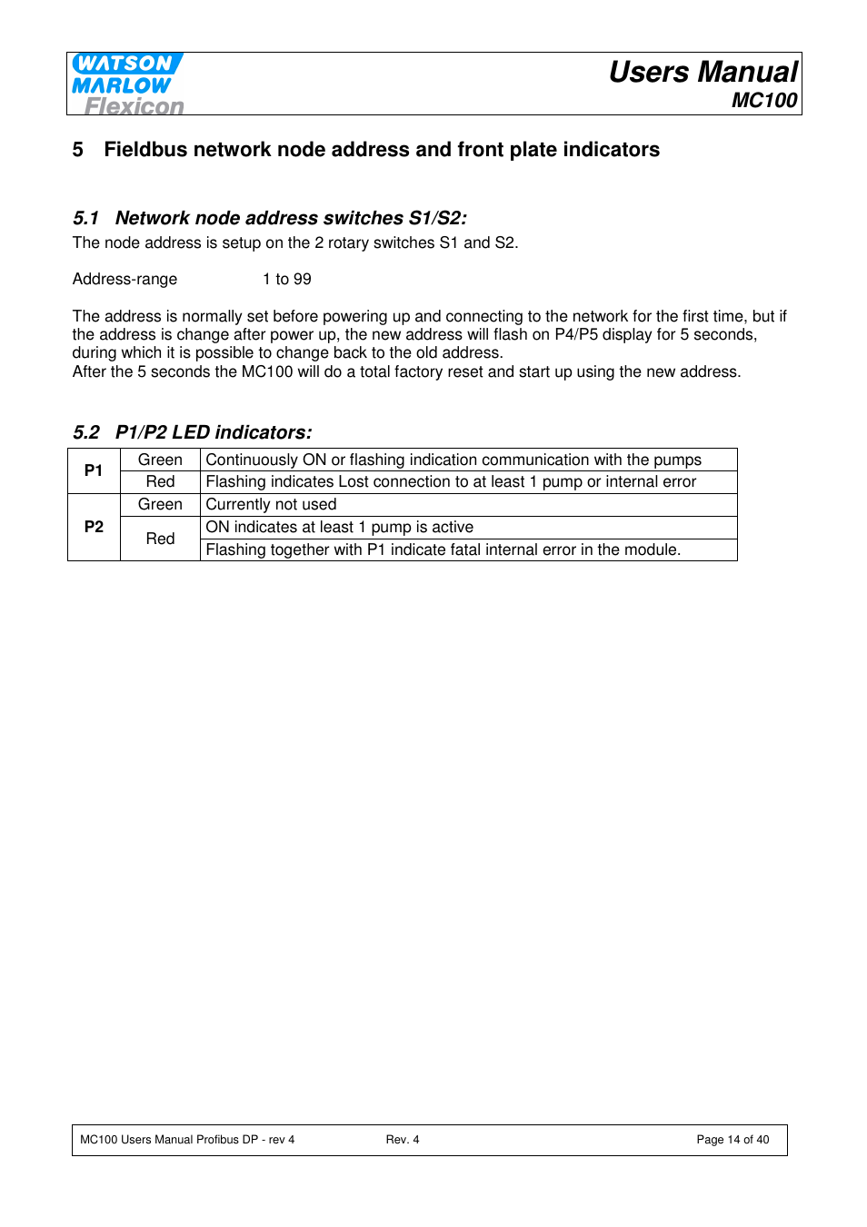 Users manual, Mc100 | Watson-Marlow MC100 User Manual | Page 14 / 40