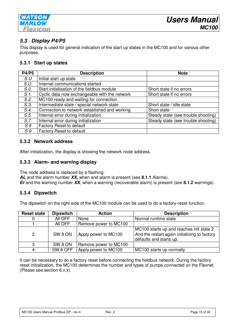 Users manual, Mc100 | Watson-Marlow MC100 User Manual | Page 15 / 40