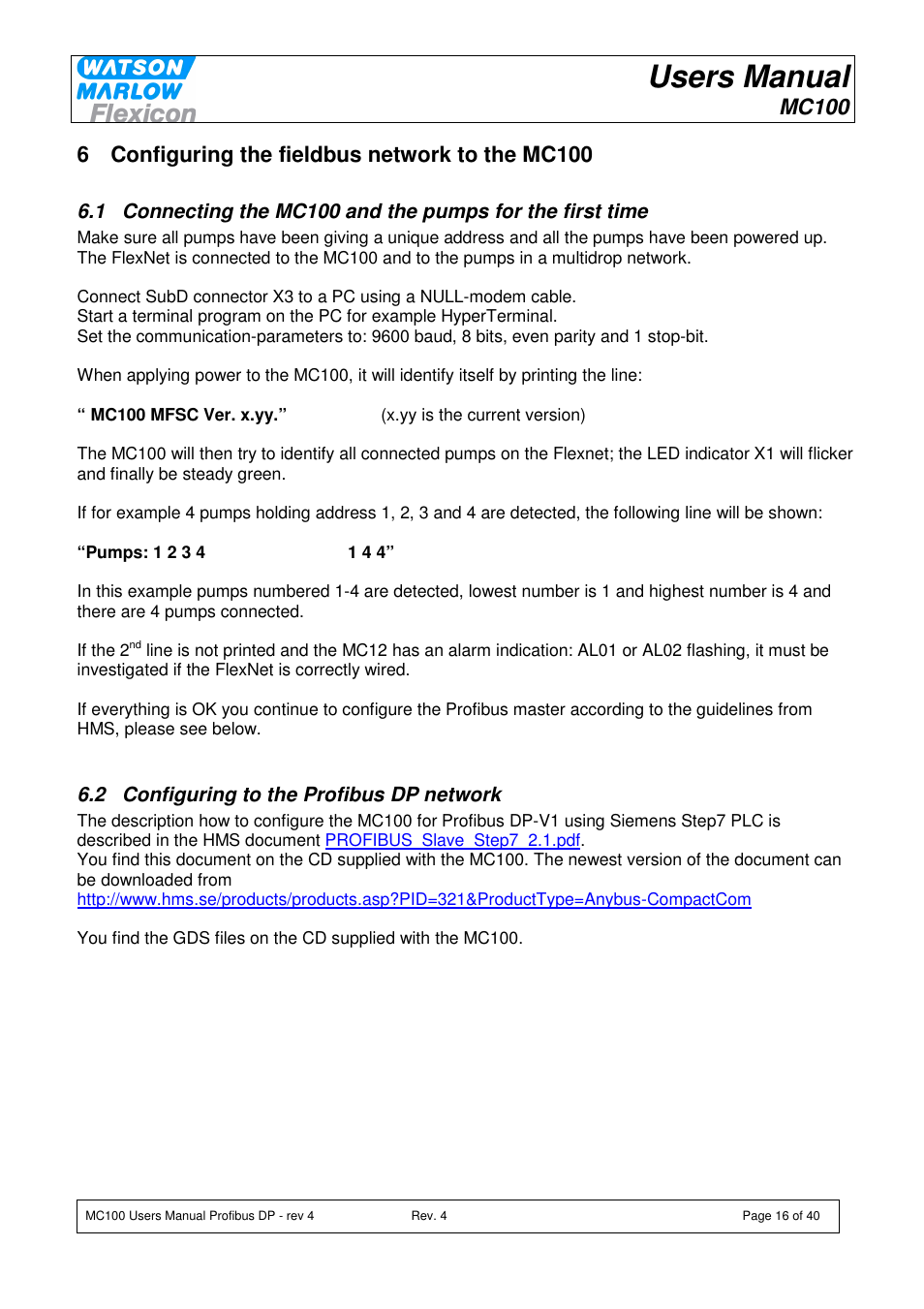 Users manual, Mc100, 6 configuring the fieldbus network to the mc100 | Watson-Marlow MC100 User Manual | Page 16 / 40