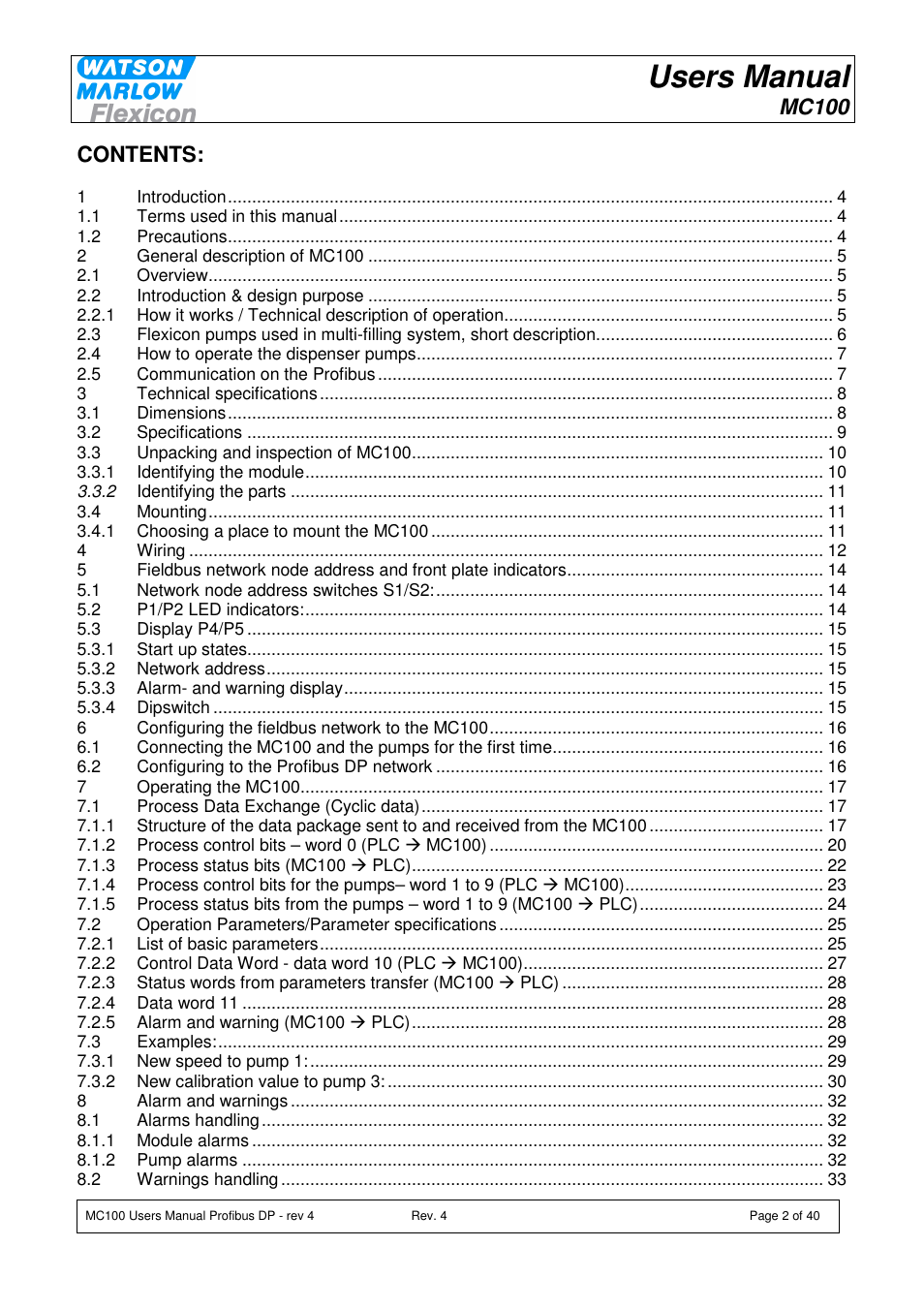 Watson-Marlow MC100 User Manual | Page 2 / 40