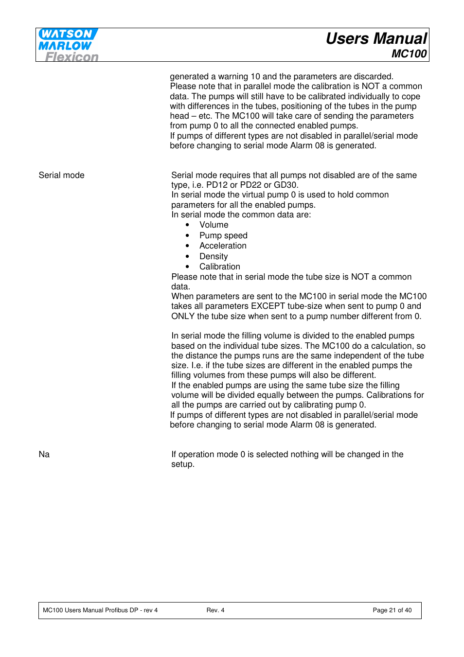 Users manual, Mc100 | Watson-Marlow MC100 User Manual | Page 21 / 40