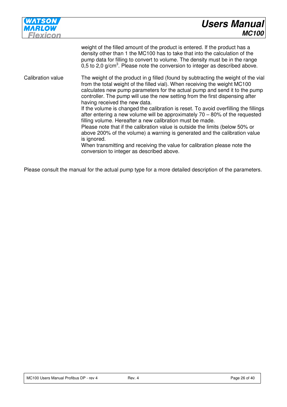Users manual, Mc100 | Watson-Marlow MC100 User Manual | Page 26 / 40