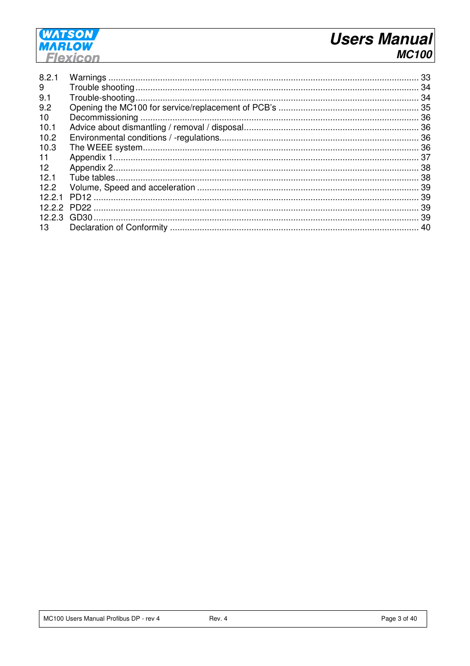 Users manual, Mc100 | Watson-Marlow MC100 User Manual | Page 3 / 40