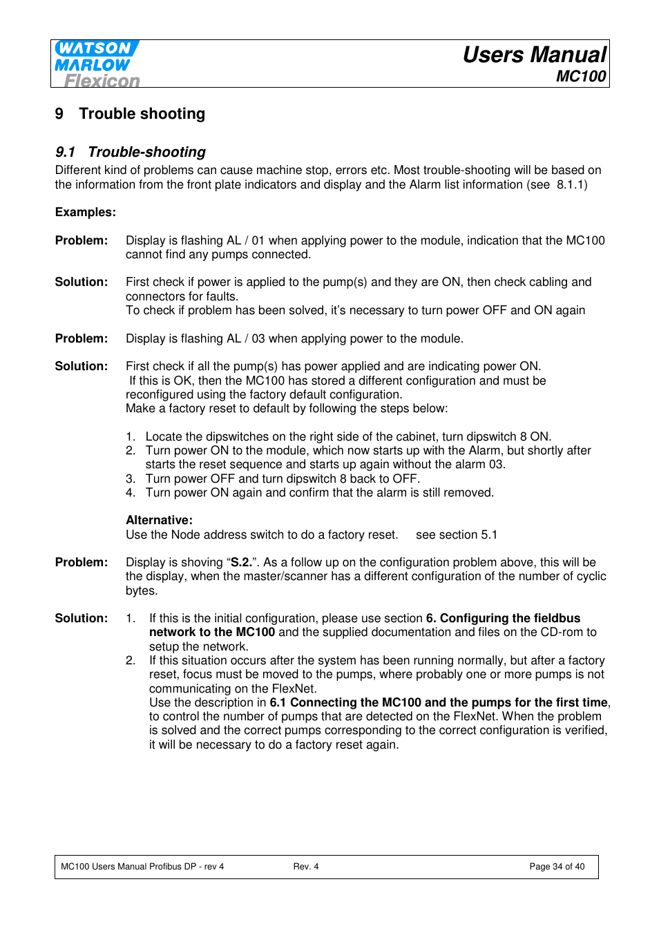 Users manual, Mc100, 9 trouble shooting | Watson-Marlow MC100 User Manual | Page 34 / 40