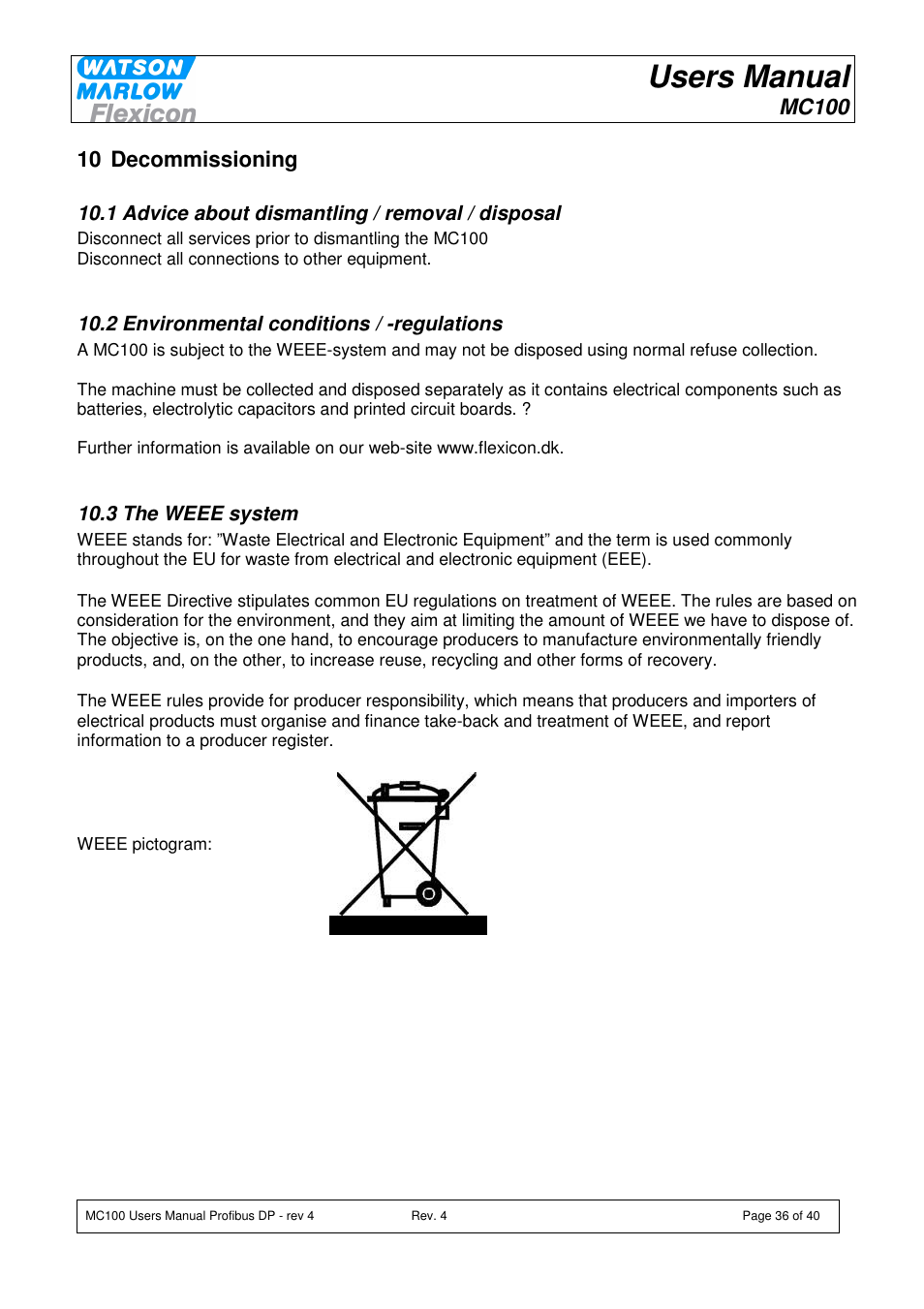 Users manual, Mc100, 10 decommissioning | Watson-Marlow MC100 User Manual | Page 36 / 40
