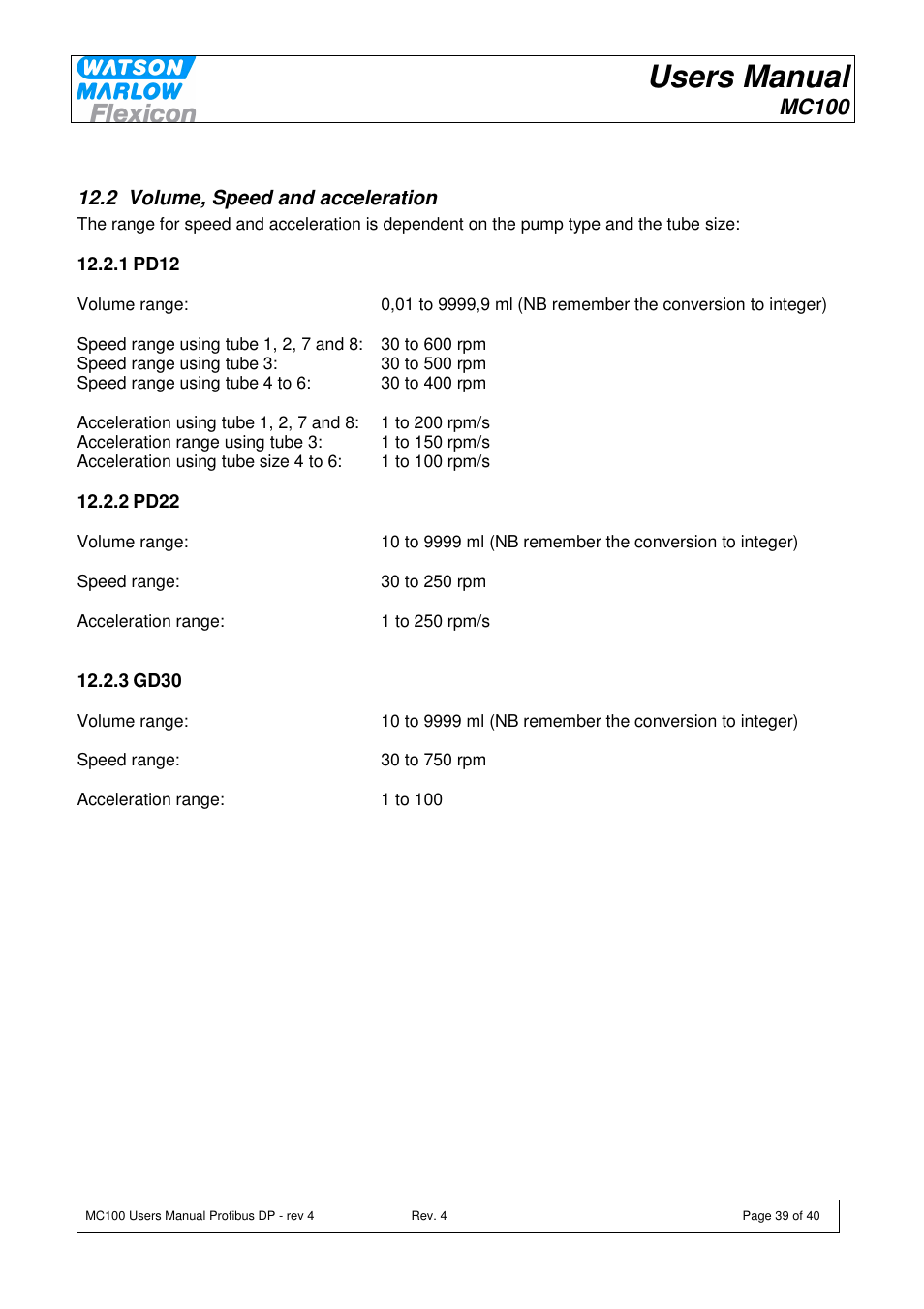 Users manual, Mc100 | Watson-Marlow MC100 User Manual | Page 39 / 40
