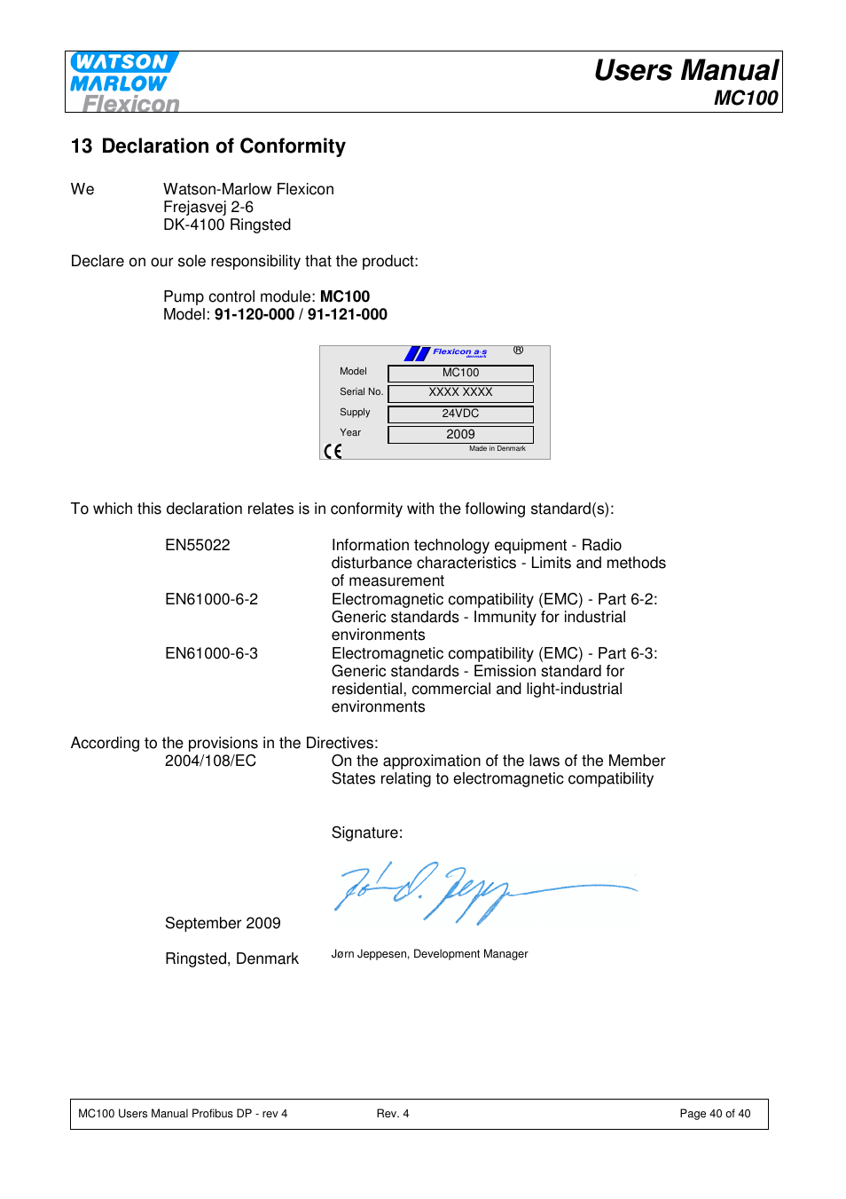 Users manual, Mc100, 13 declaration of conformity | Watson-Marlow MC100 User Manual | Page 40 / 40
