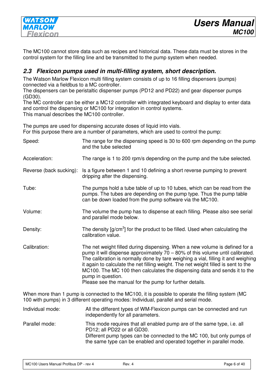 Users manual, Mc100 | Watson-Marlow MC100 User Manual | Page 6 / 40