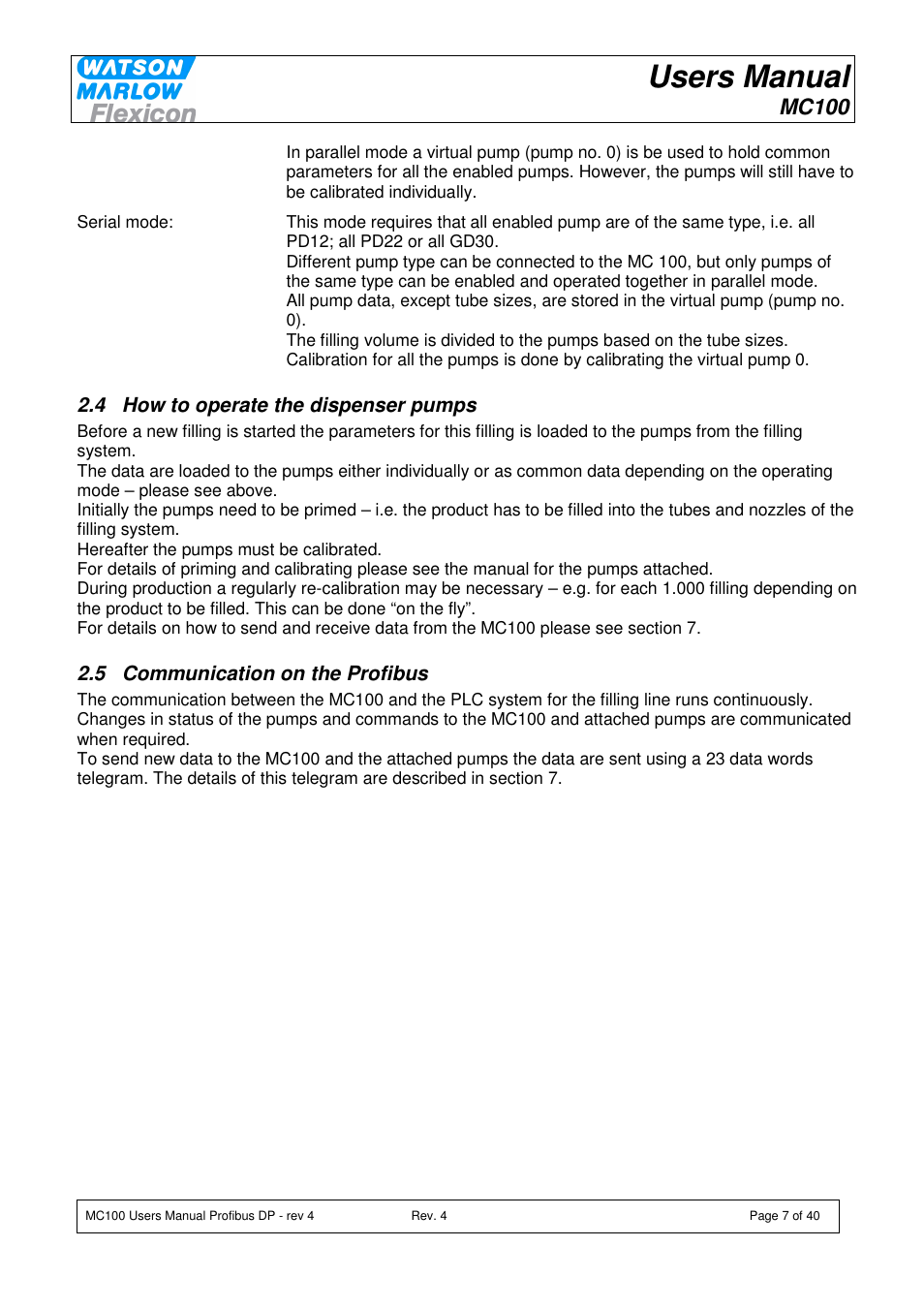 Users manual, Mc100 | Watson-Marlow MC100 User Manual | Page 7 / 40